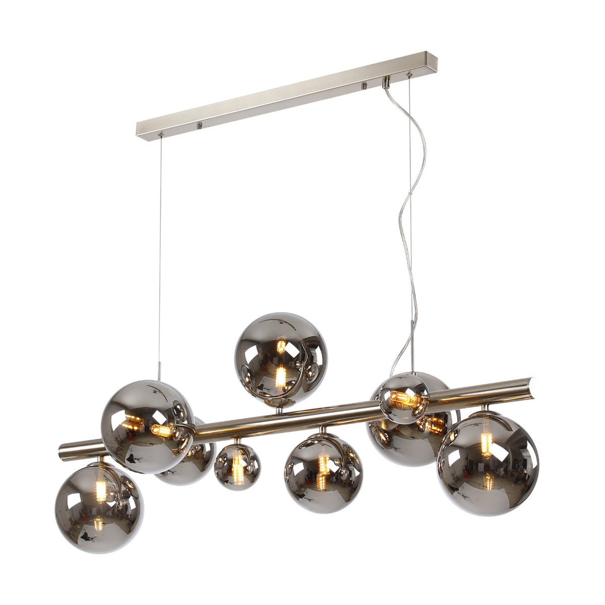 Shute 9lt Linear Pendant in Satin Nickel & Chrome Plated Glass