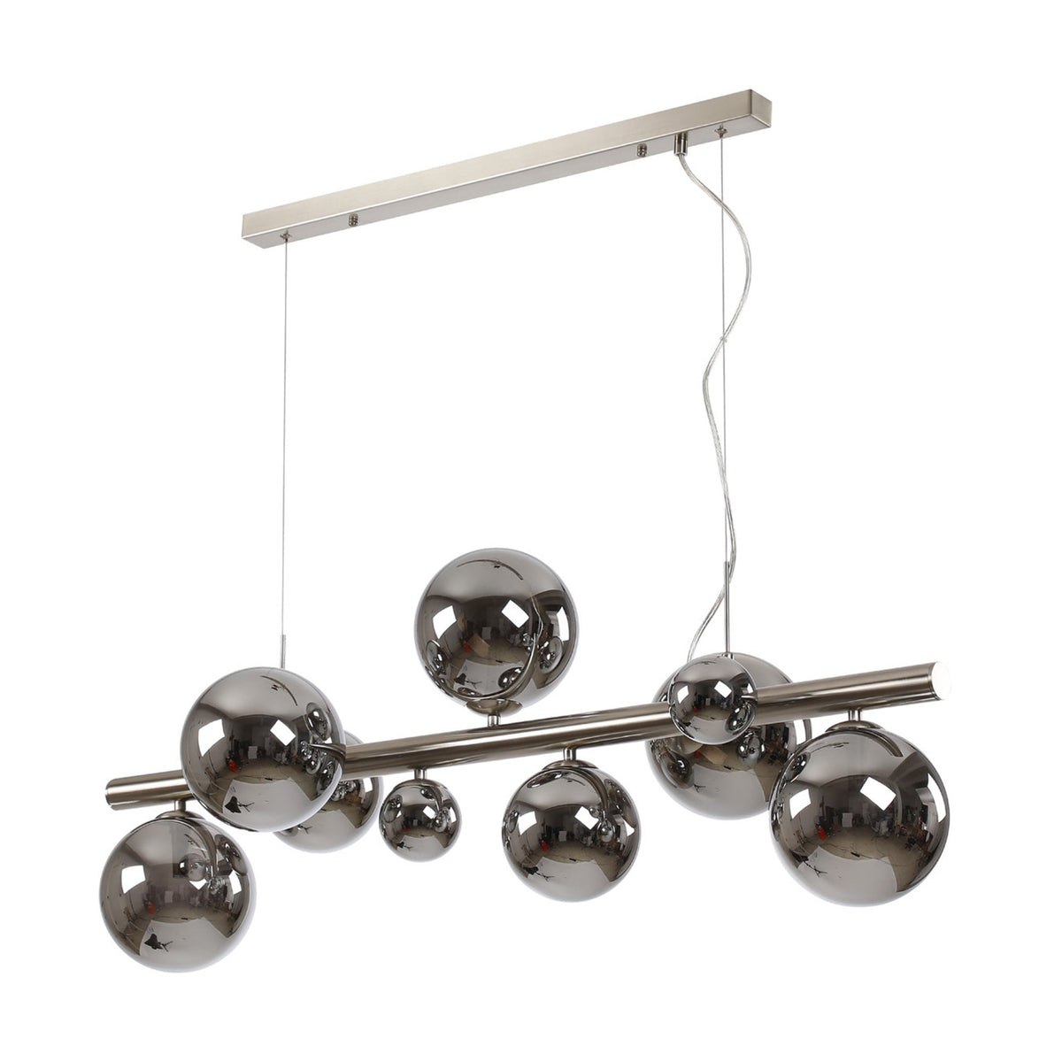 Shute 9lt Linear Pendant in Satin Nickel & Chrome Plated Glass