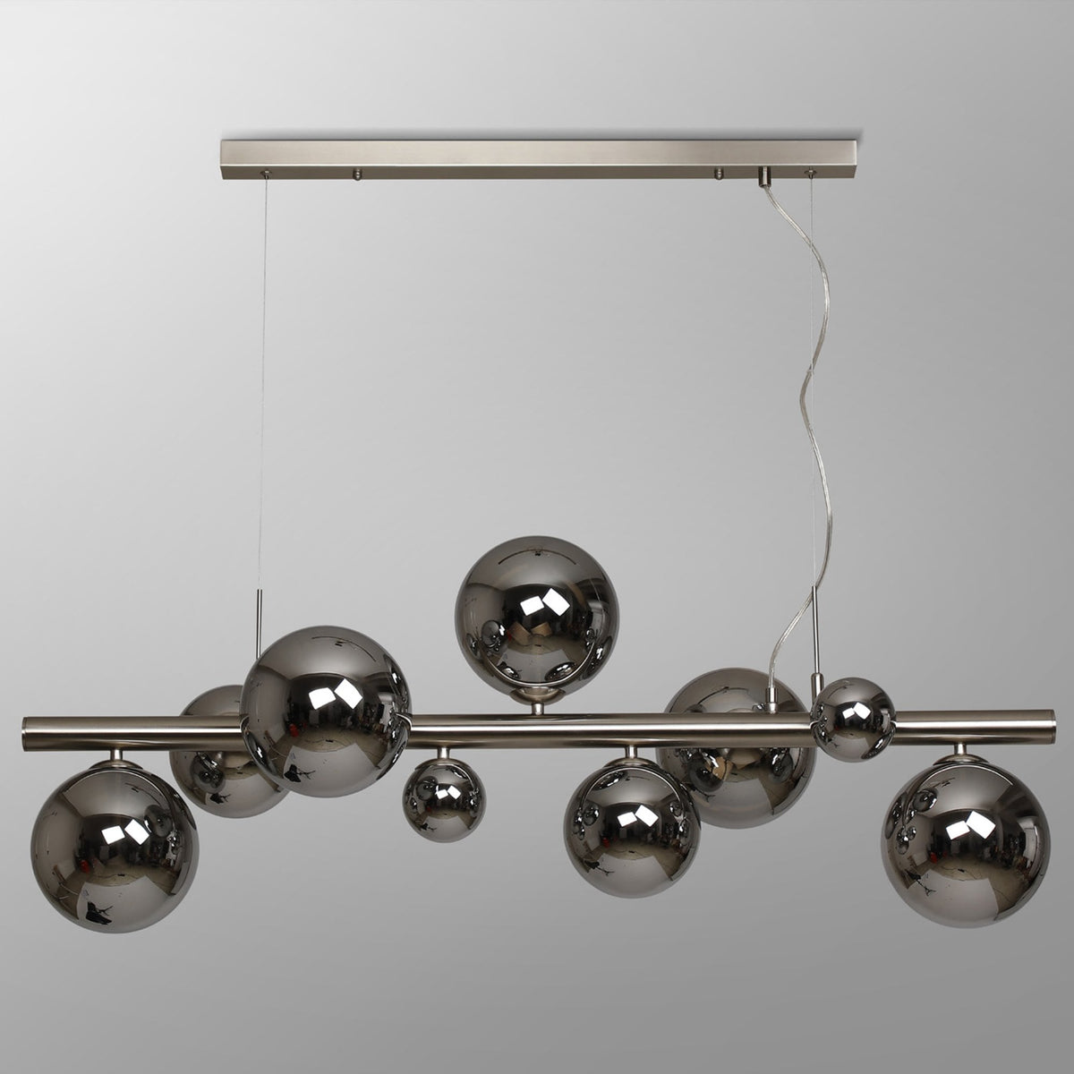 Shute 9lt Linear Pendant in Satin Nickel & Chrome Plated Glass