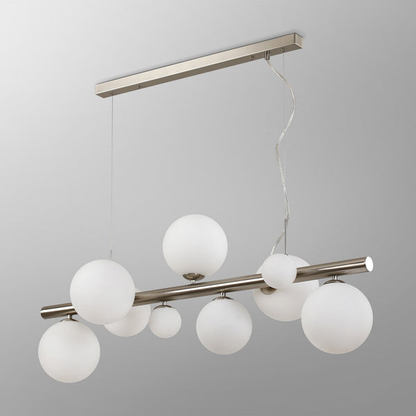Shute 9lt Linear Pendant in Satin Nickel & Opal Glass