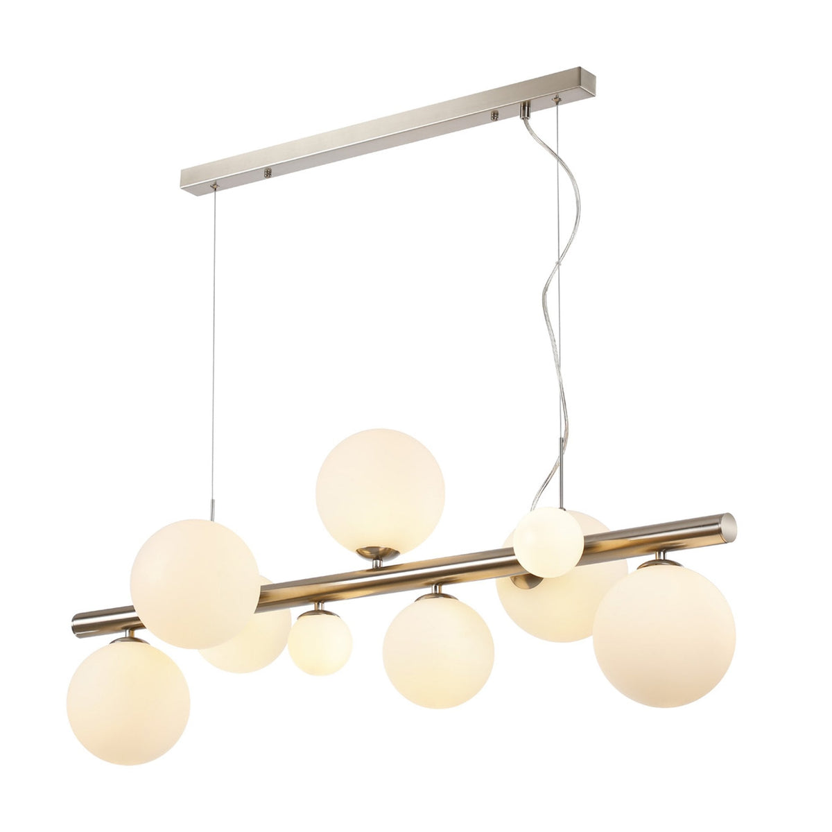 Shute 9lt Linear Pendant in Satin Nickel & Opal Glass