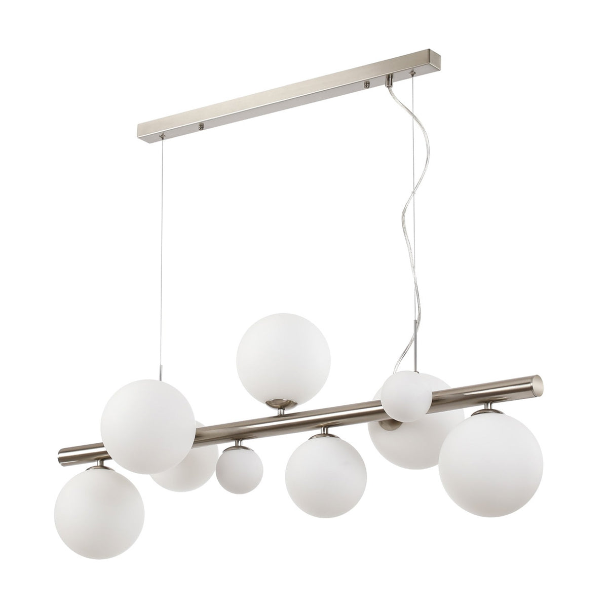 Shute 9lt Linear Pendant in Satin Nickel & Opal Glass