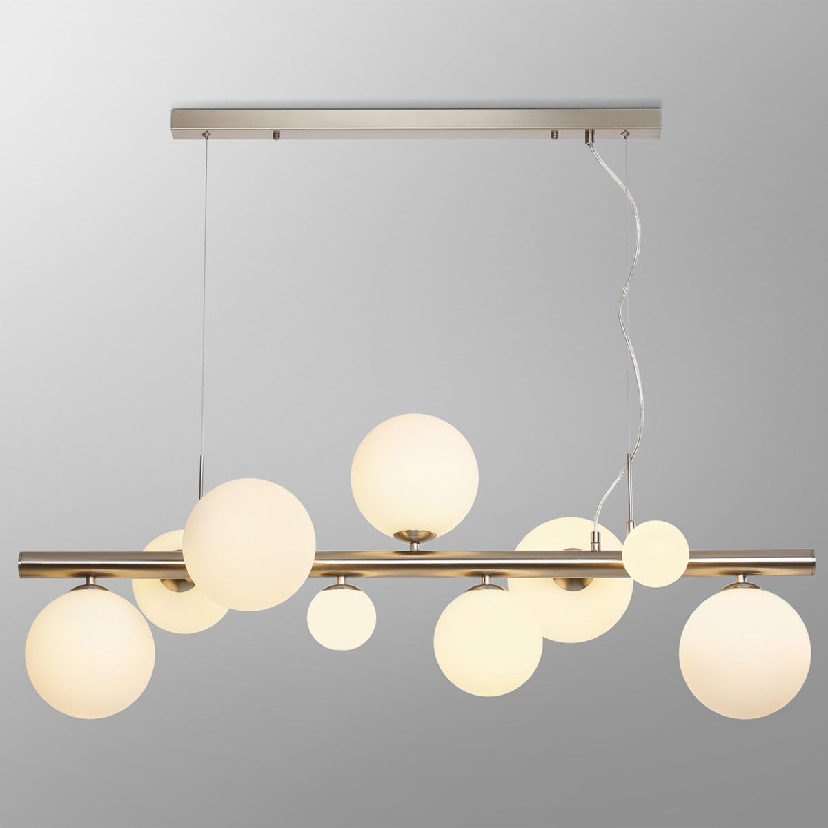 Shute 9lt Linear Pendant in Satin Nickel & Opal Glass