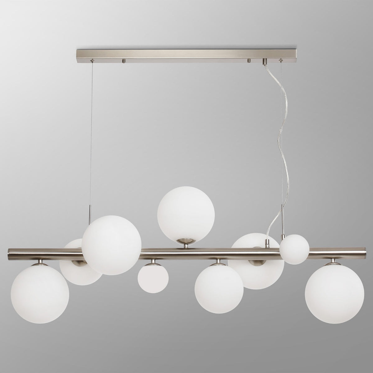 Shute 9lt Linear Pendant in Satin Nickel & Opal Glass