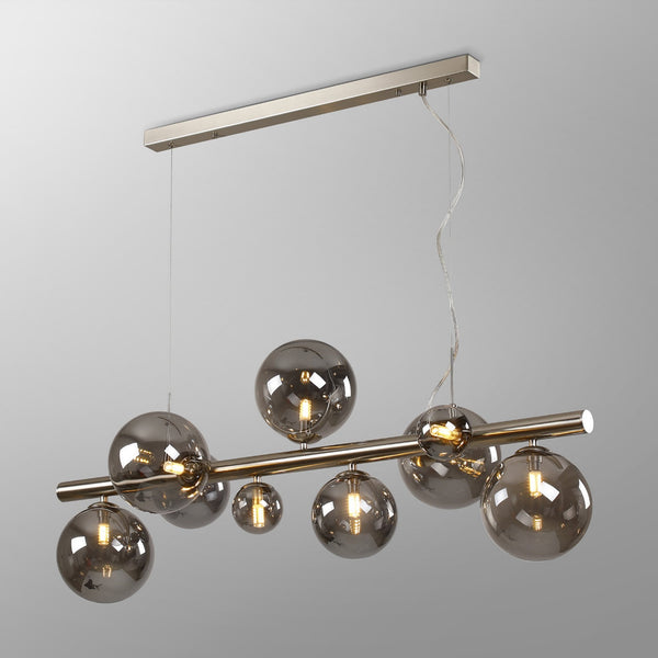 Shute 9lt Linear Pendant in Satin Nickel & Smoked Plated Glass