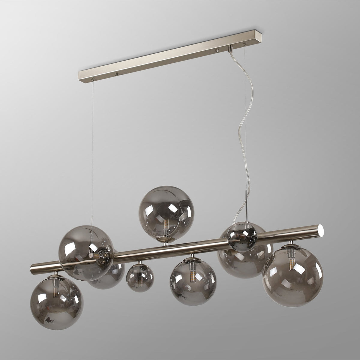 Shute 9lt Linear Pendant in Satin Nickel & Smoked Plated Glass