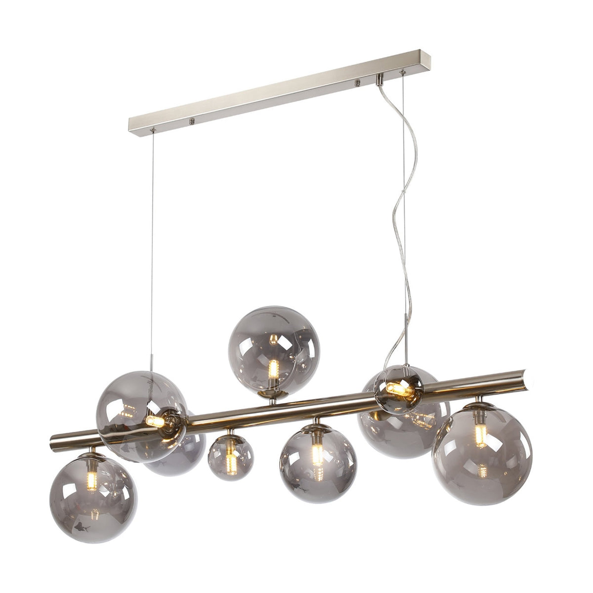 Shute 9lt Linear Pendant in Satin Nickel & Smoked Plated Glass