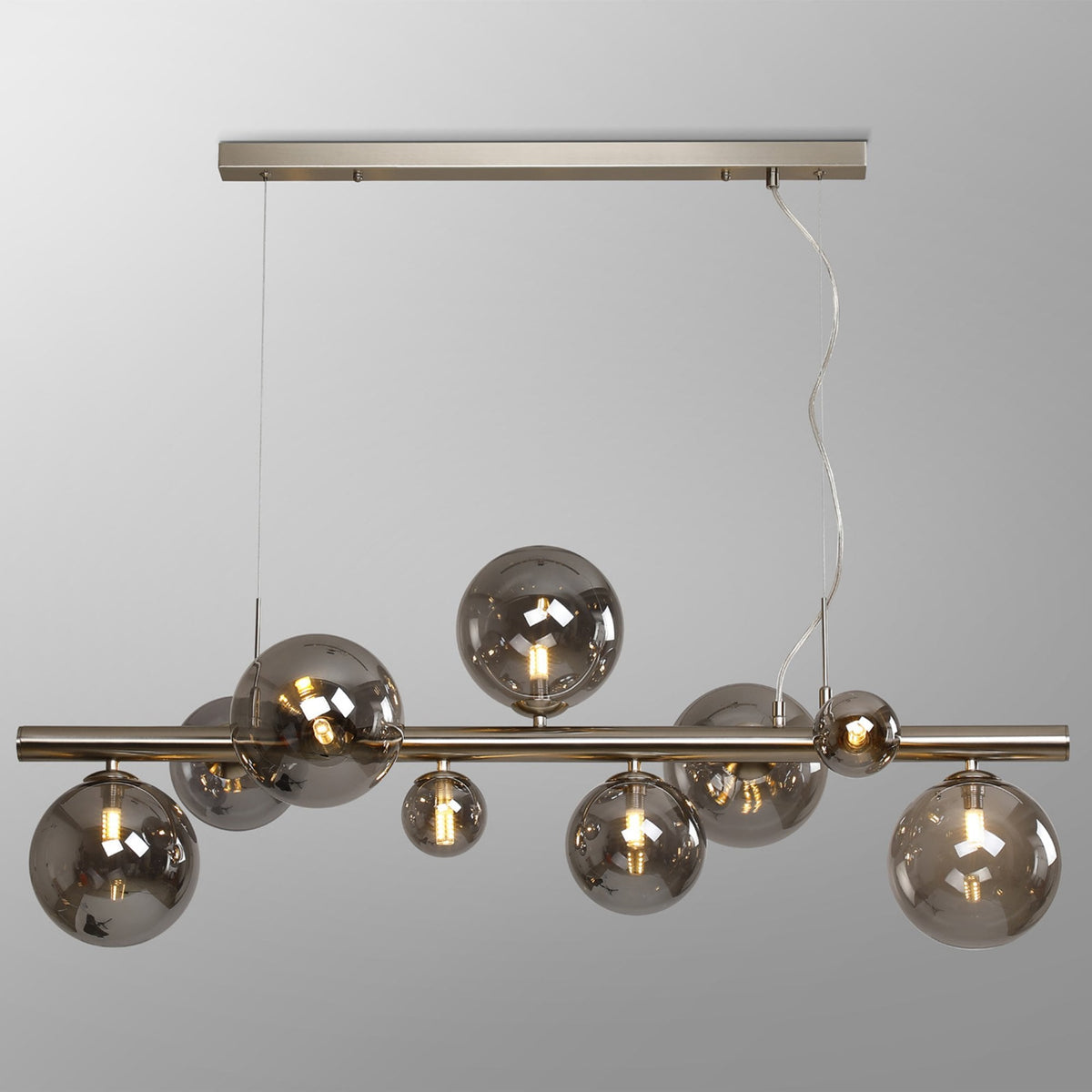 Shute 9lt Linear Pendant in Satin Nickel & Smoked Plated Glass