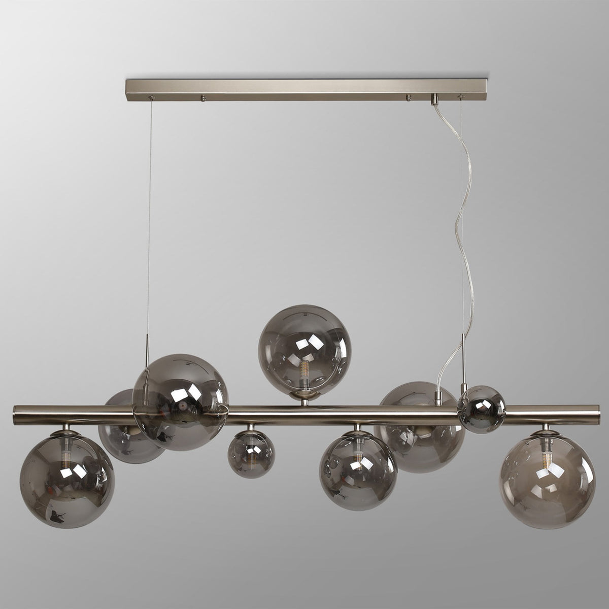 Shute 9lt Linear Pendant in Satin Nickel & Smoked Plated Glass