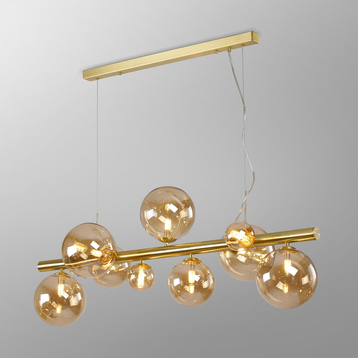 Shute 9lt Linear Pendant in Satin Gold & Amber Plated Glass