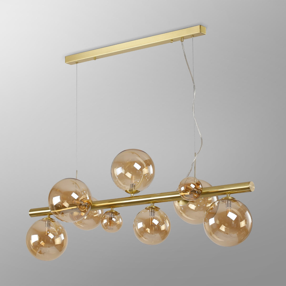 Shute 9lt Linear Pendant in Satin Gold & Amber Plated Glass