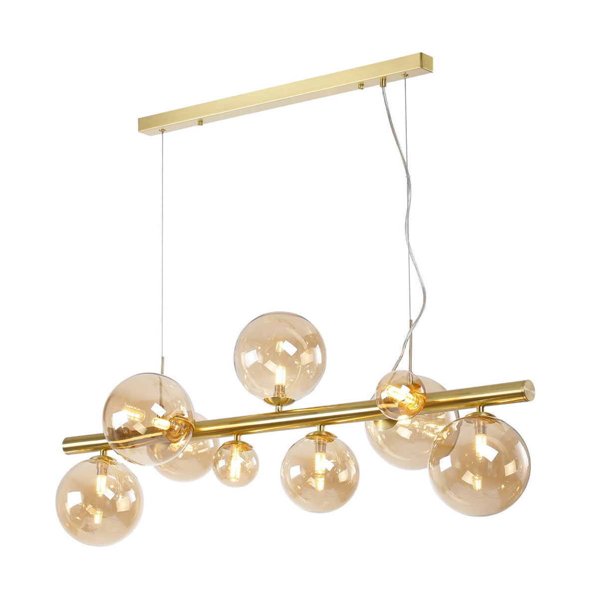 Shute 9lt Linear Pendant in Satin Gold & Amber Plated Glass