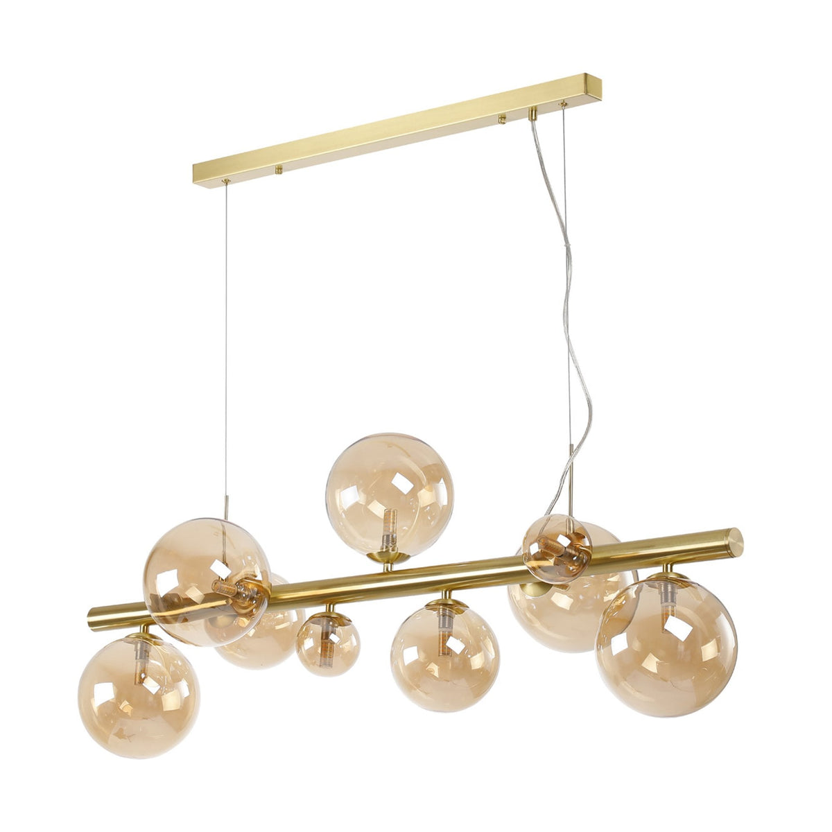 Shute 9lt Linear Pendant in Satin Gold & Amber Plated Glass