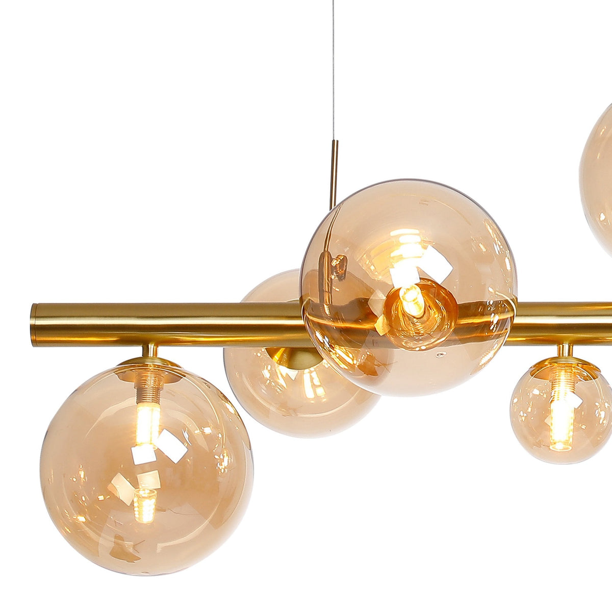 Shute 9lt Linear Pendant in Satin Gold & Amber Plated Glass