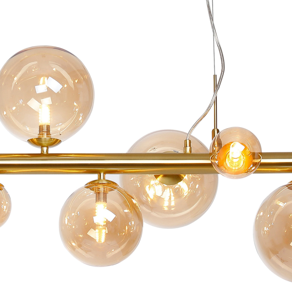Shute 9lt Linear Pendant in Satin Gold & Amber Plated Glass