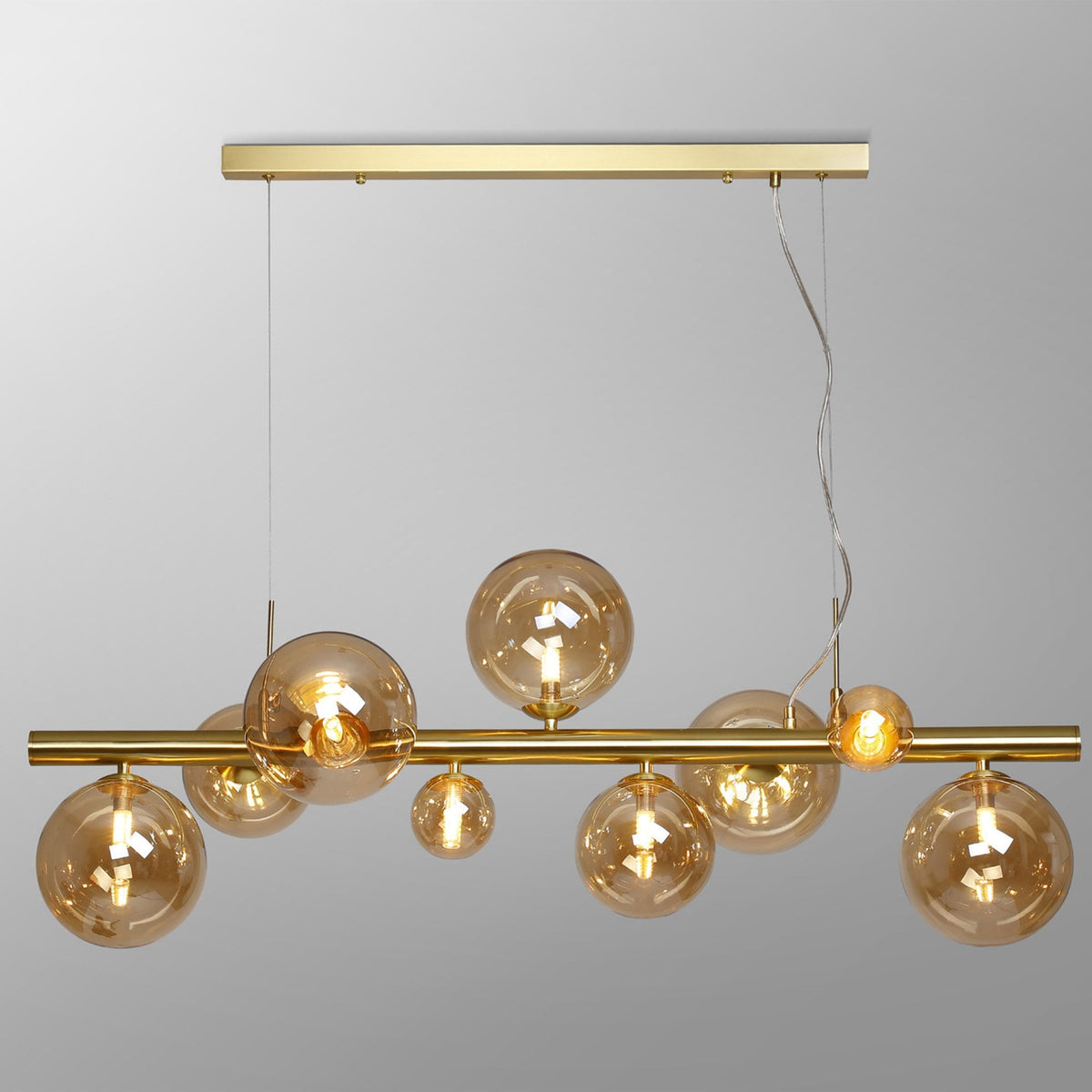 Shute 9lt Linear Pendant in Satin Gold & Amber Plated Glass