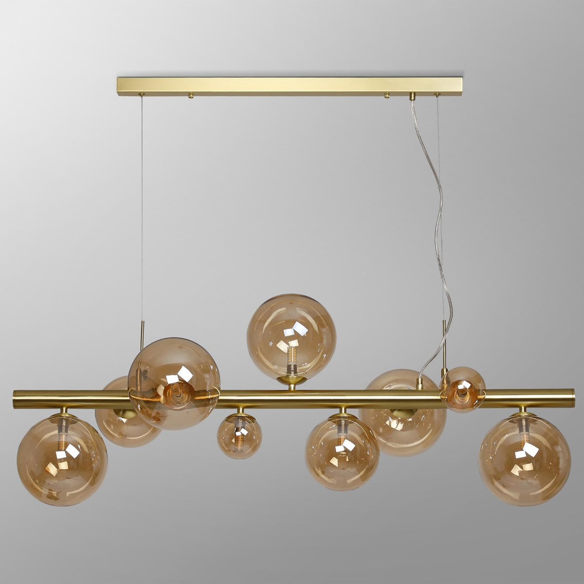 Shute 9lt Linear Pendant in Satin Gold & Amber Plated Glass