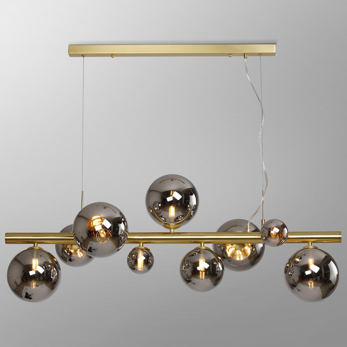Shute 9lt Linear Pendant in Satin Gold & Chrome Plated Glass