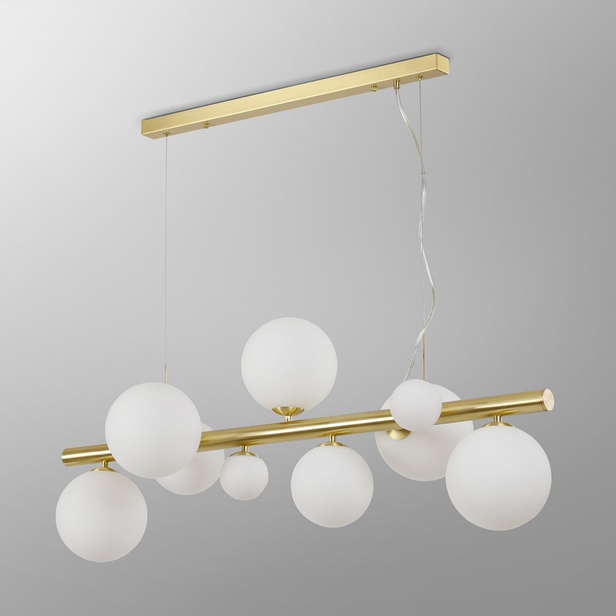Shute 9lt Linear Pendant in Satin Gold & Opal Glass