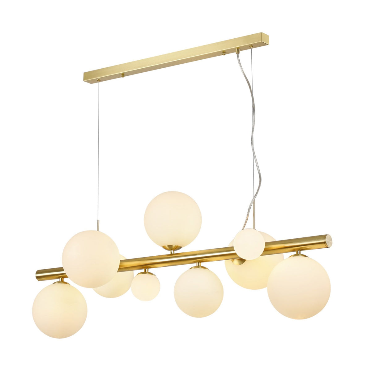 Shute 9lt Linear Pendant in Satin Gold & Opal Glass
