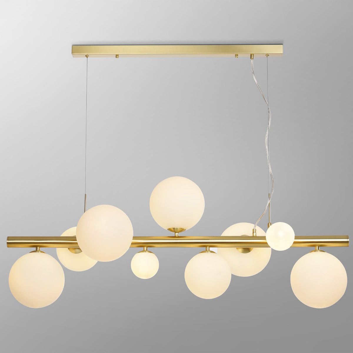 Shute 9lt Linear Pendant in Satin Gold & Opal Glass