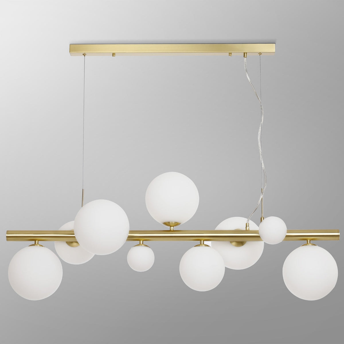 Shute 9lt Linear Pendant in Satin Gold & Opal Glass