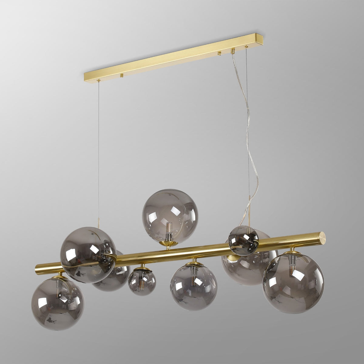 Shute 9lt Linear Pendant in Satin Gold & Smoked Plated Glass
