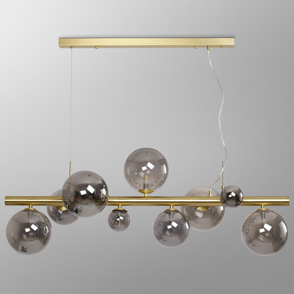 Shute 9lt Linear Pendant in Satin Gold & Smoked Plated Glass