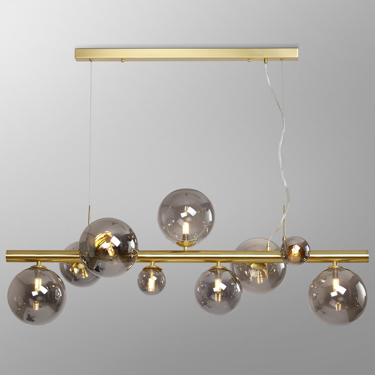 Shute 9lt Linear Pendant in Satin Gold & Smoked Plated Glass