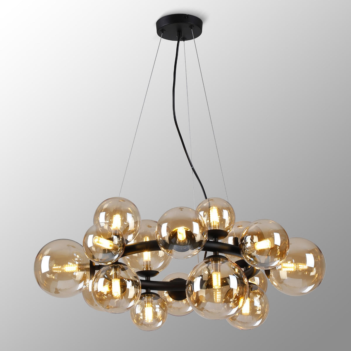 Shute 16lt Circular Pendant in Satin Black & Amber Plated Glass
