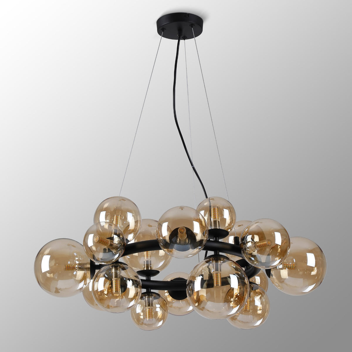 Shute 16lt Circular Pendant in Satin Black & Amber Plated Glass