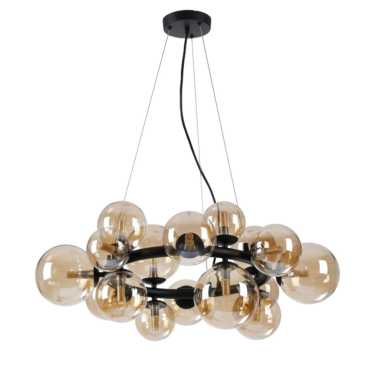 Shute 16lt Circular Pendant in Satin Black & Amber Plated Glass