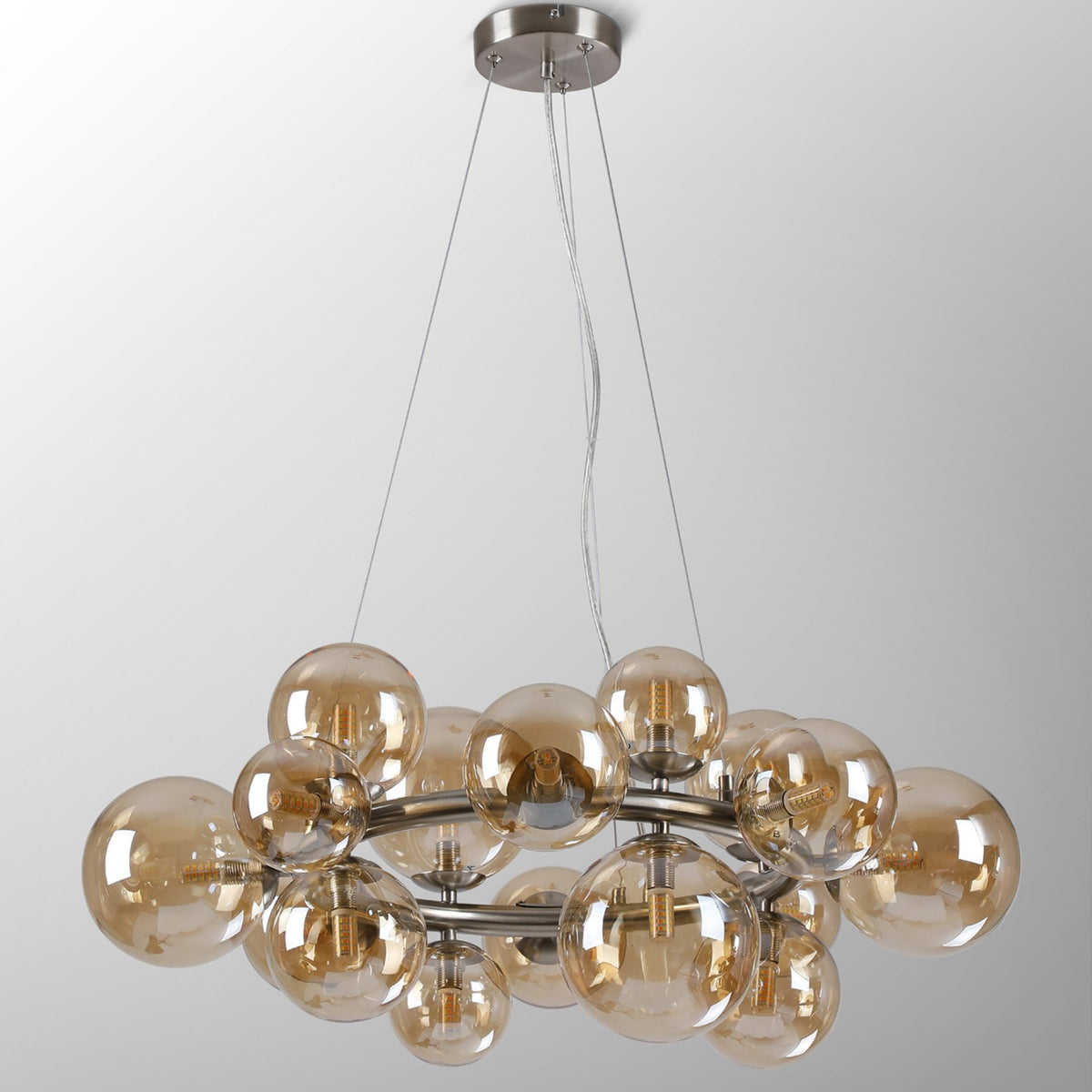 Shute 16lt Circular Pendant in Satin Nickel & Amber Plated Glass