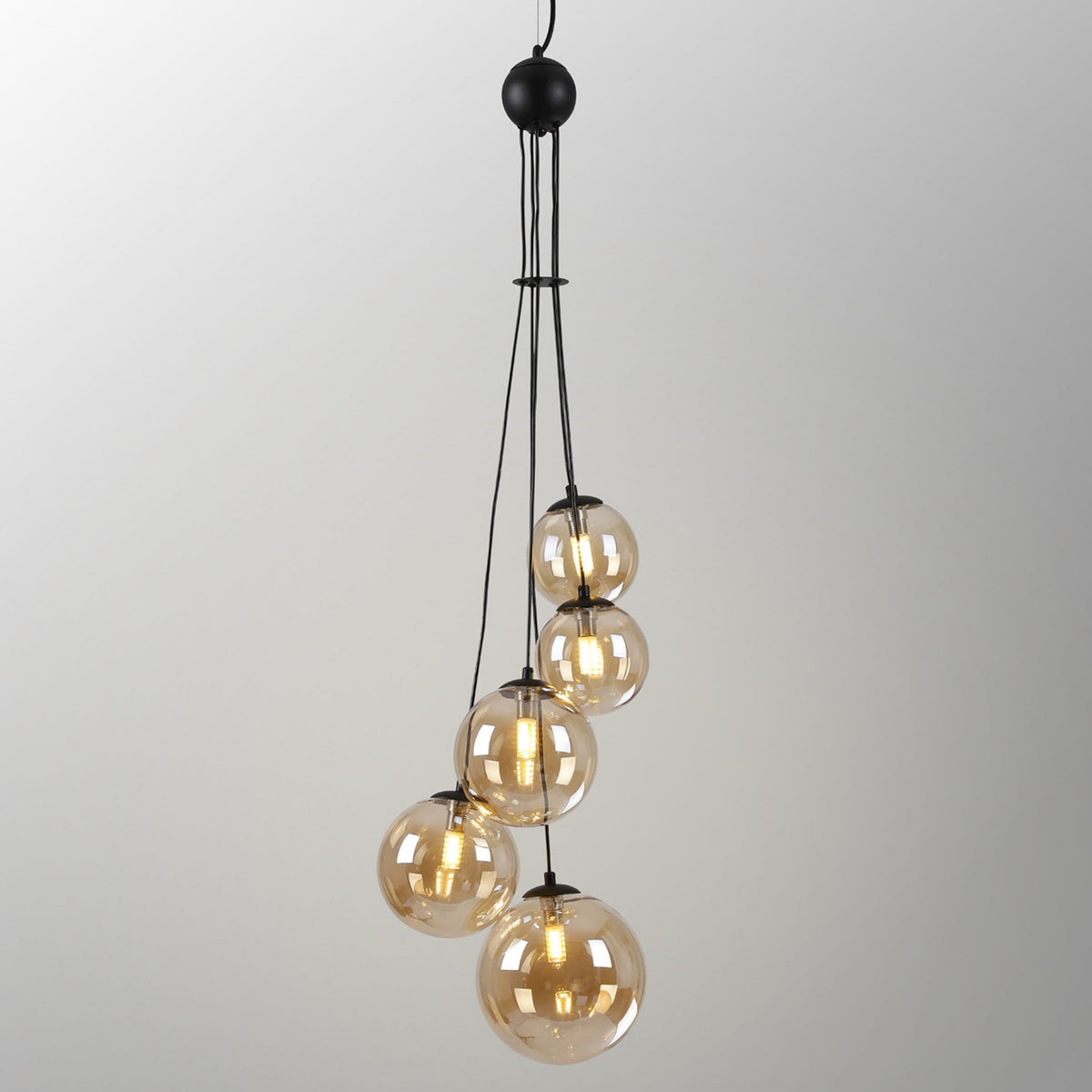 Shute 5lt Pendant in Satin Black & Amber Plated Glass