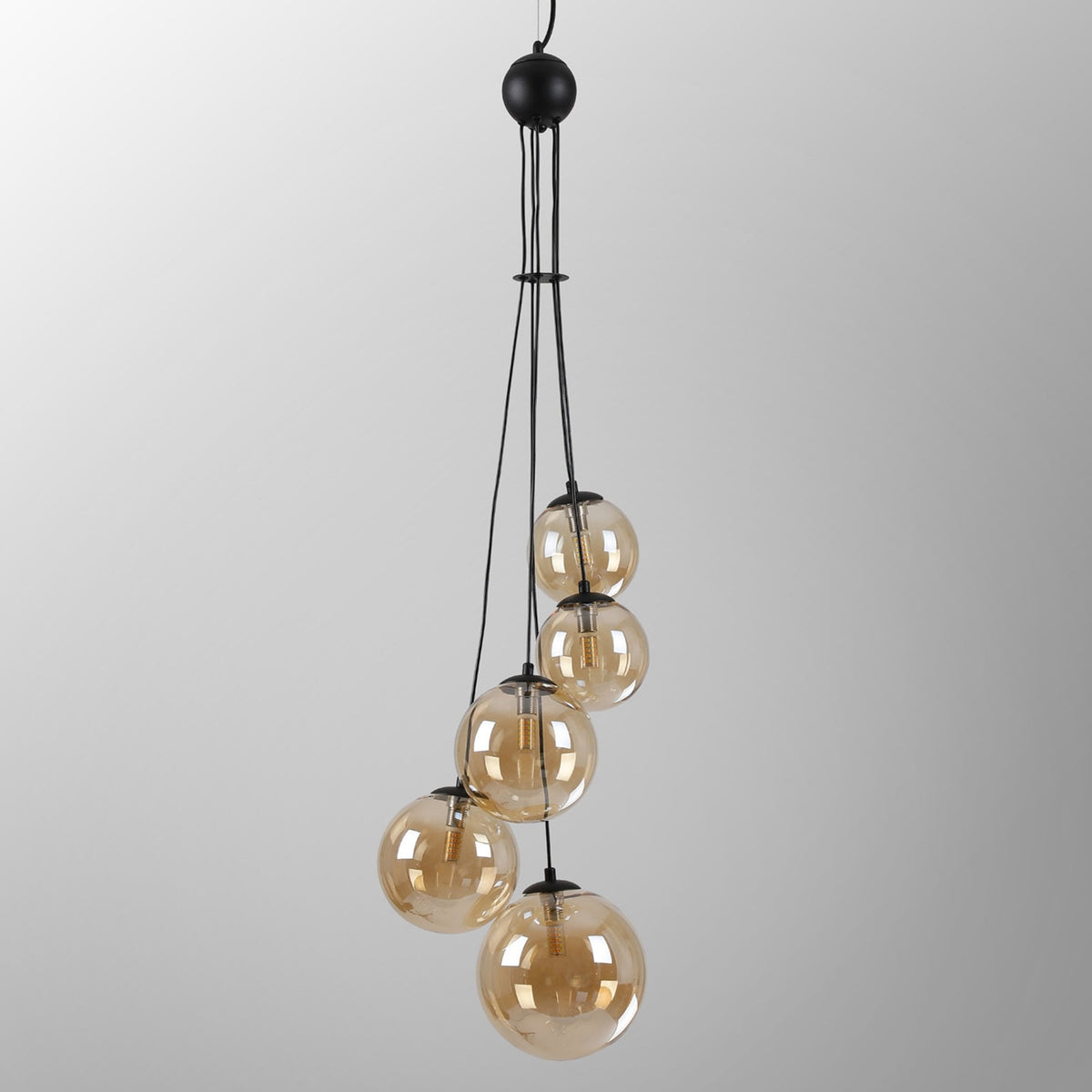 Shute 5lt Pendant in Satin Black & Amber Plated Glass