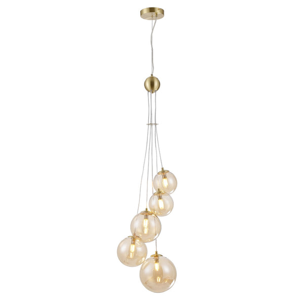 Shute 5lt Pendant in Satin Gold & Amber Plated Glass