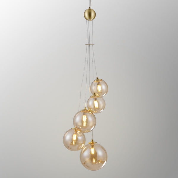 Shute 5lt Pendant in Satin Gold & Amber Plated Glass