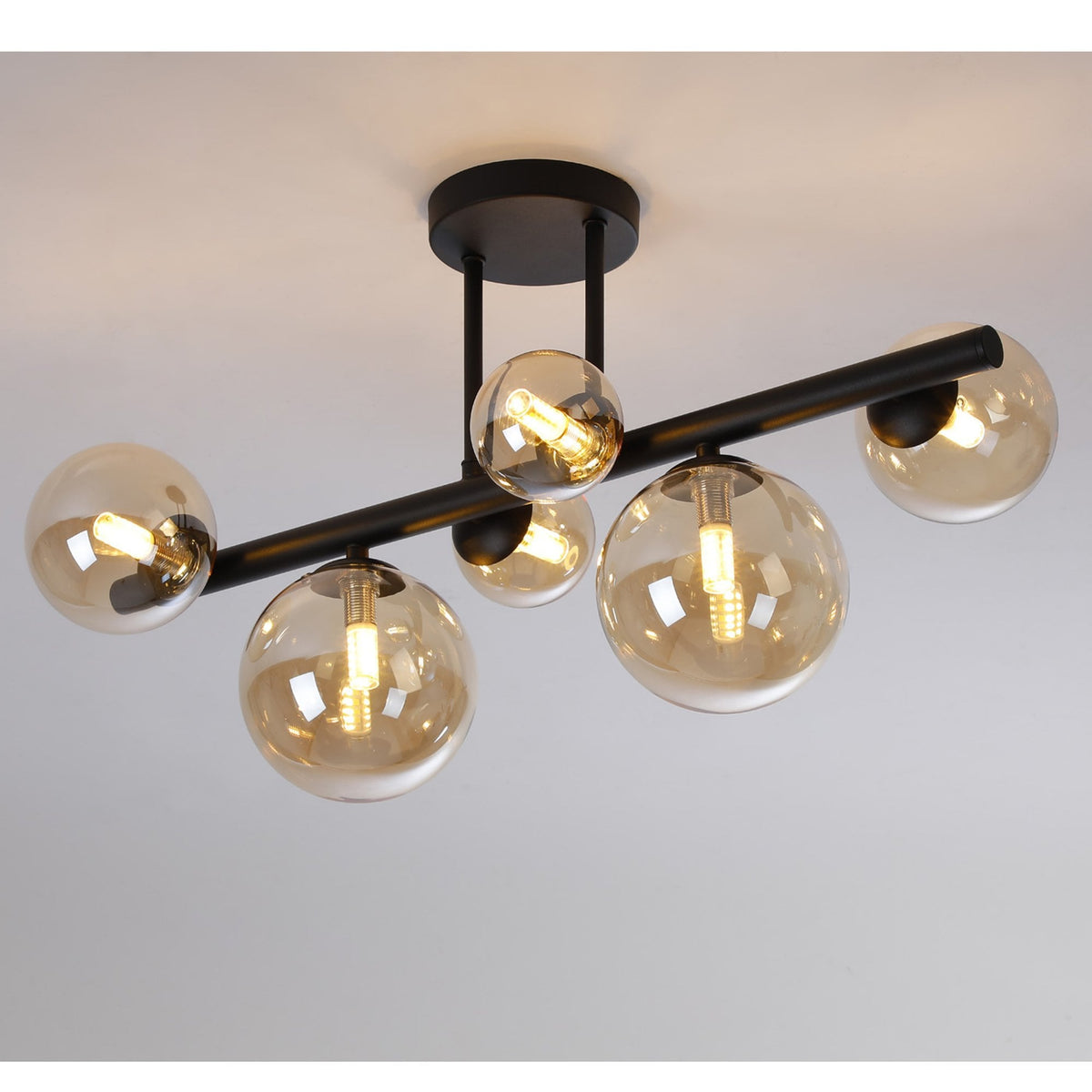 Shute 6lt Semi Flush Ceiling Light in Satin Black & Amber Plated Glass