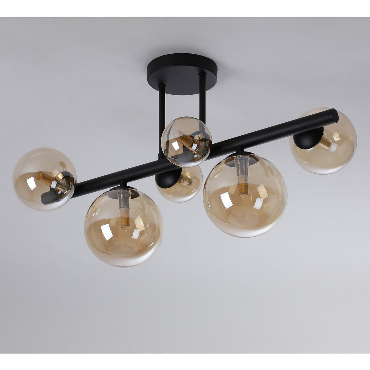 Shute 6lt Semi Flush Ceiling Light in Satin Black & Amber Plated Glass