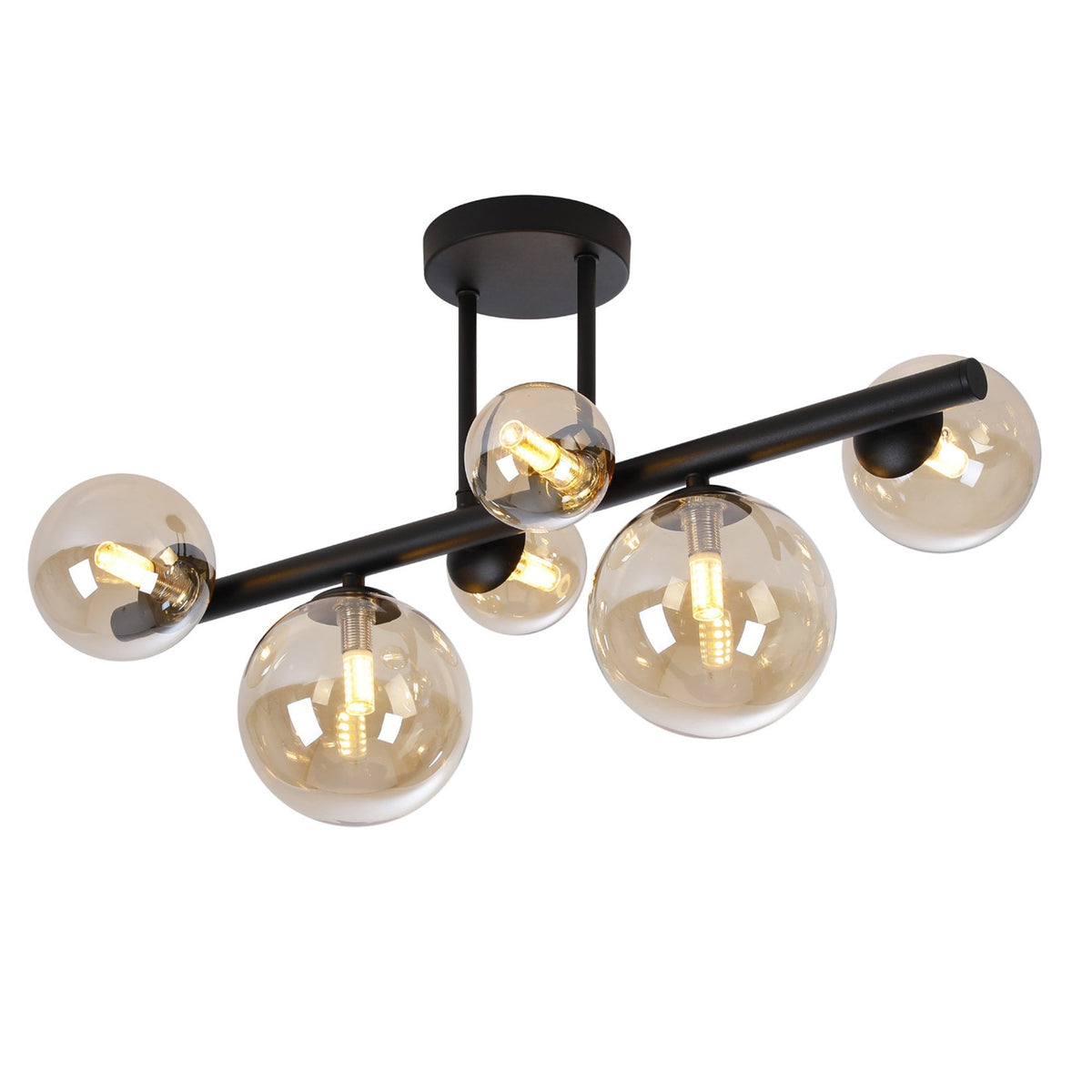 Shute 6lt Semi Flush Ceiling Light in Satin Black & Amber Plated Glass