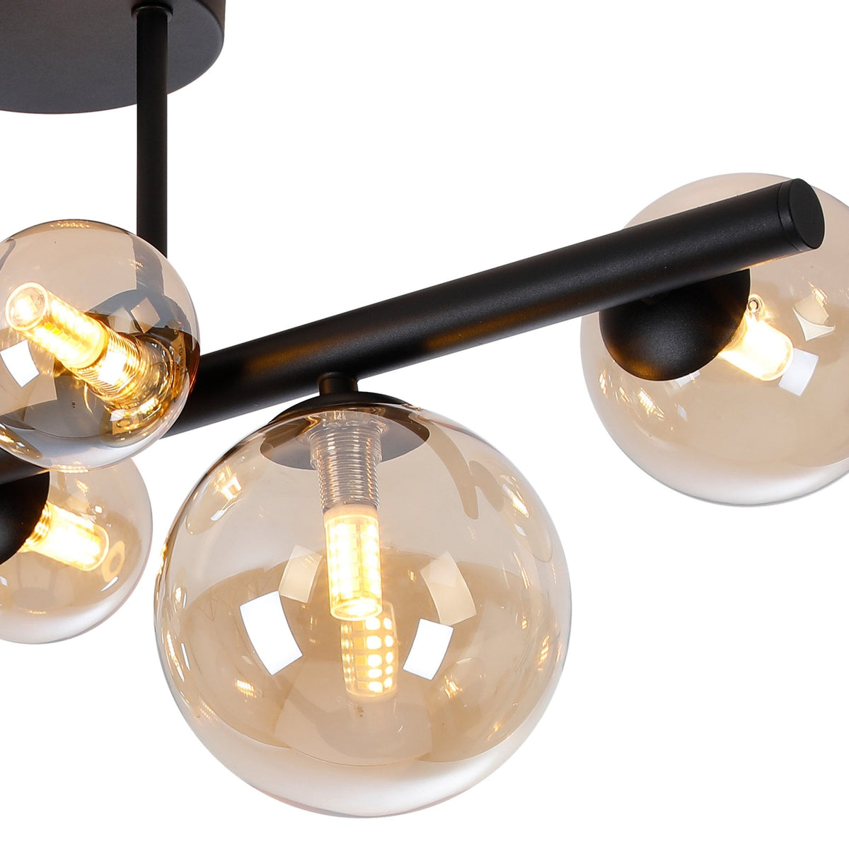 Shute 6lt Semi Flush Ceiling Light in Satin Black & Amber Plated Glass