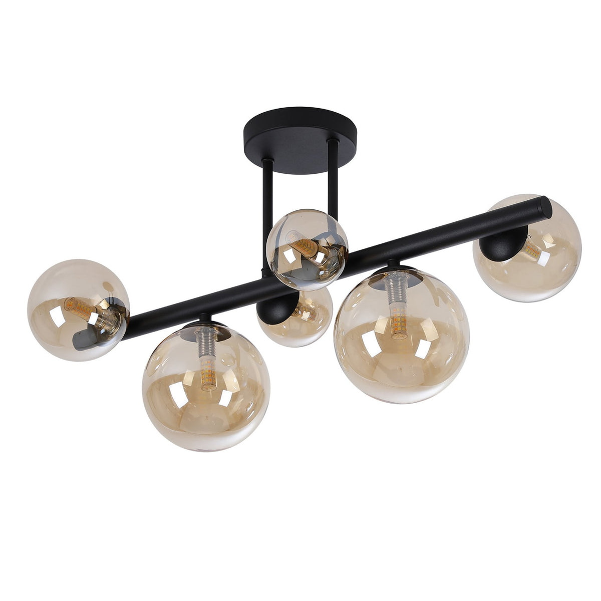 Shute 6lt Semi Flush Ceiling Light in Satin Black & Amber Plated Glass
