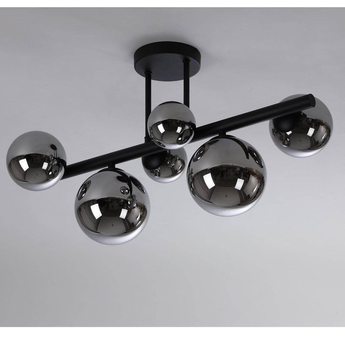 Shute 6lt Semi Flush Ceiling Light in Satin Black & Chrome Plated Glass