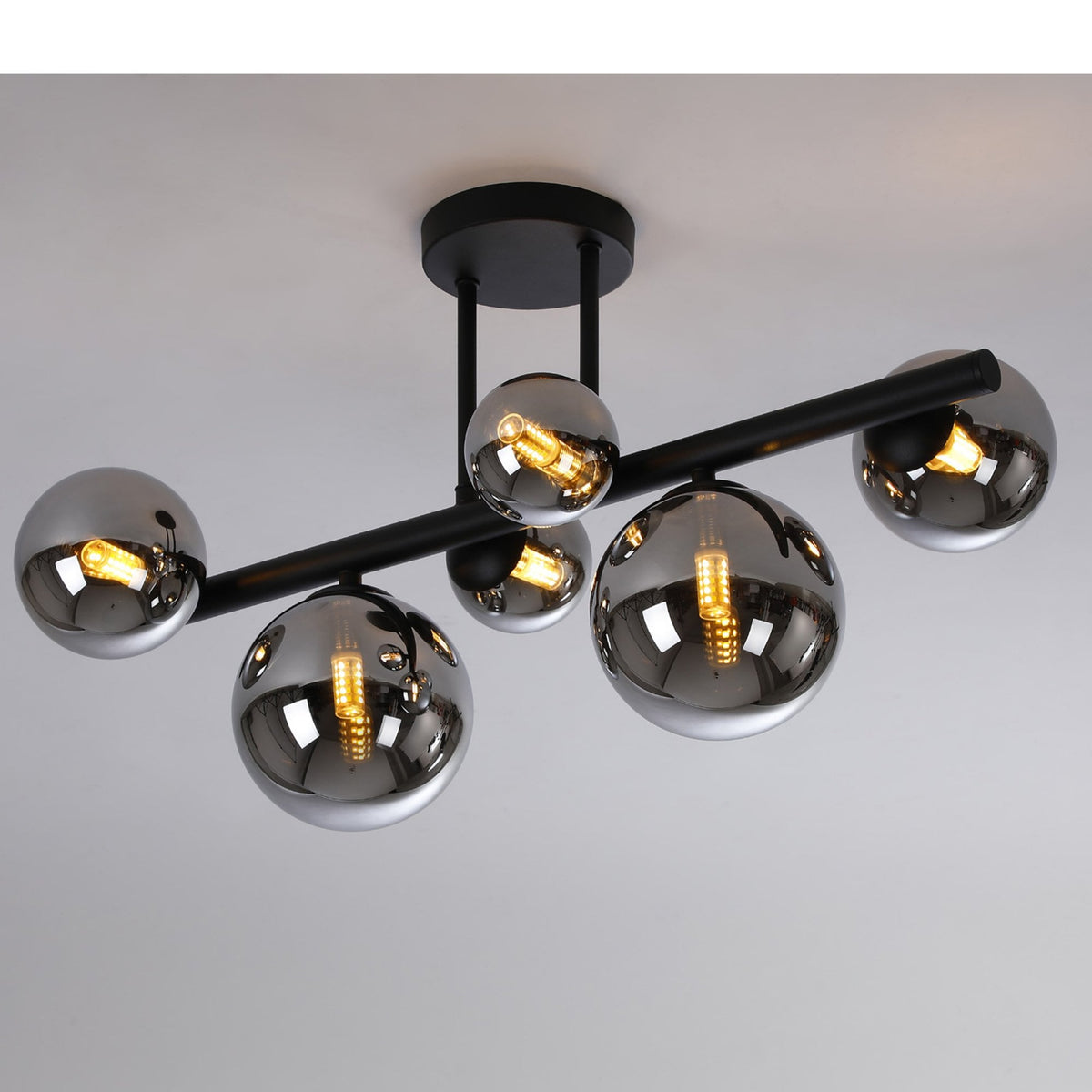 Shute 6lt Semi Flush Ceiling Light in Satin Black & Chrome Plated Glass