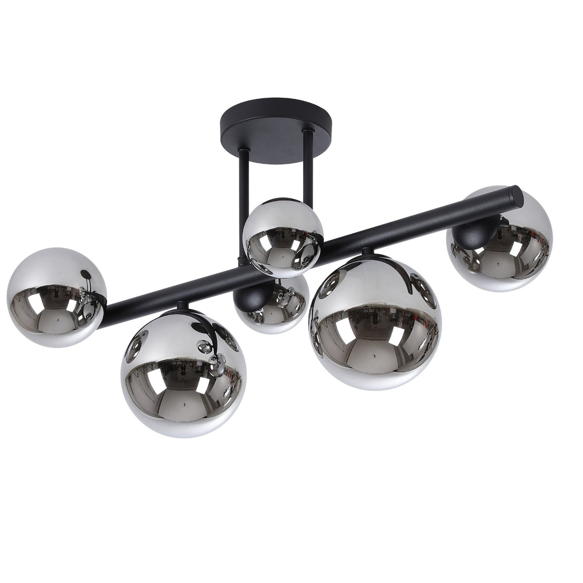 Shute 6lt Semi Flush Ceiling Light in Satin Black & Chrome Plated Glass