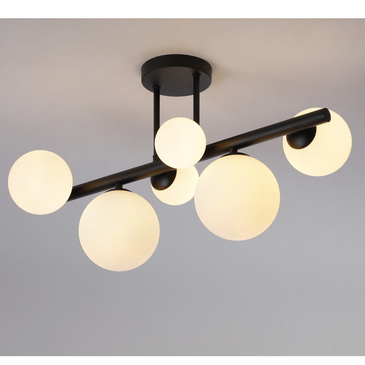 Shute 6lt Semi Flush Ceiling Light in Satin Black & Opal Glass