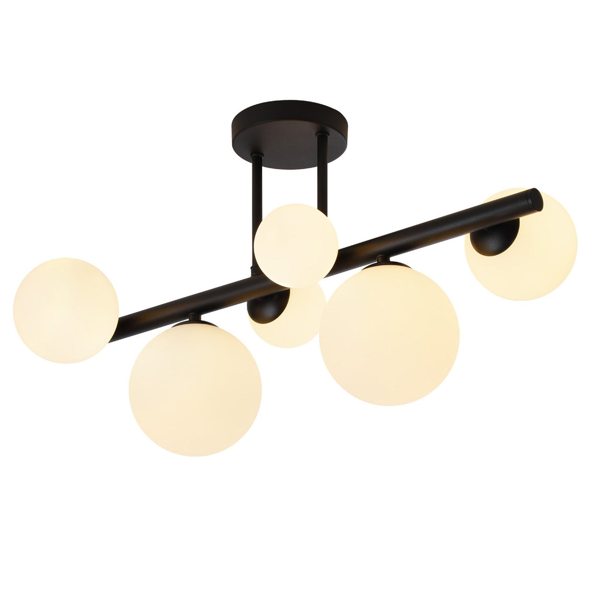 Shute 6lt Semi Flush Ceiling Light in Satin Black & Opal Glass