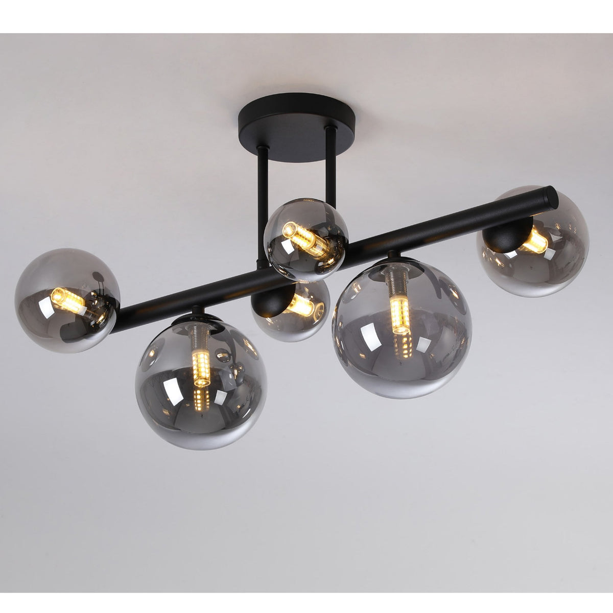 Shute 6lt Semi Flush Ceiling Light in Satin Black & Smoked Plated Glass