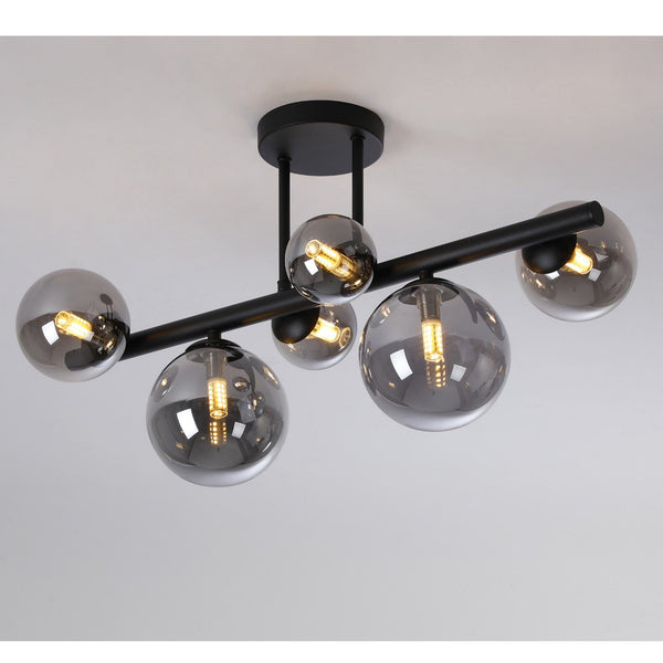 Shute 6lt Semi Flush Ceiling Light in Satin Black & Smoked Plated Glass