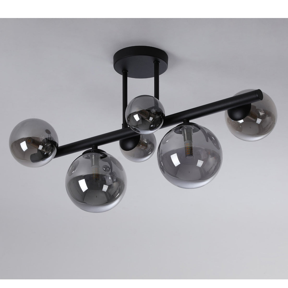 Shute 6lt Semi Flush Ceiling Light in Satin Black & Smoked Plated Glass